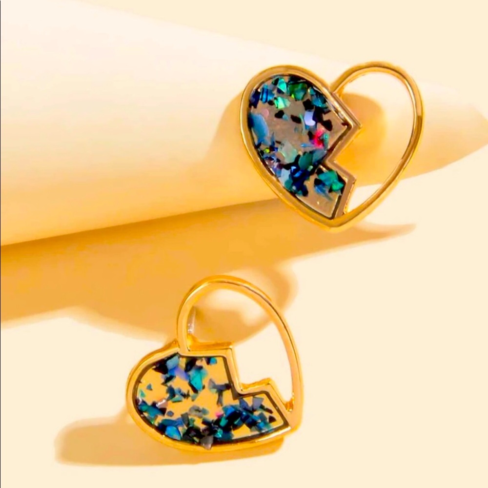“My Shattered Heart” Broken/Fractured Iridescent Abalone Chips Flakes Gold Studs
